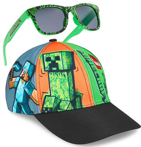 Minecraft Basecap Kinder Jungen Set Snapback Cap Kinder und Sonnenbrille UV Schutz Creeper Sonnenschutz Kappe Geschenke Jungs (6-14 Jahre, Multi)