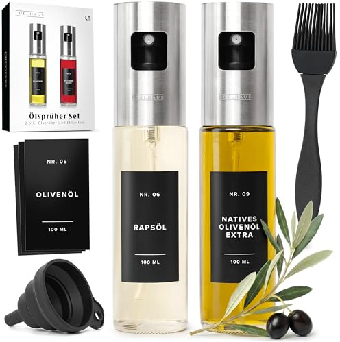 EDELHAUS Ölsprüher 2er Set - Hochwertige Öl-Sprühflasche aus Edelstahl & Glas, für gesundes Kochen I Sprüher für präzise Dosierung I für Speiseöl & Essig inkl. 20 Ettiketen, Trichter, Silikonpinsel