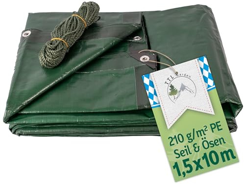 TTL GARDEN Premium Abdeckplane 1,5x10m 210g/m² grün + 25m Seil - reißfest wasserdicht mit Ösen PE Gewebeplane verstärkte Ecken & Kanten wetterfest UV-beständig Schutzplane Holz Abdeck Plane Tarp