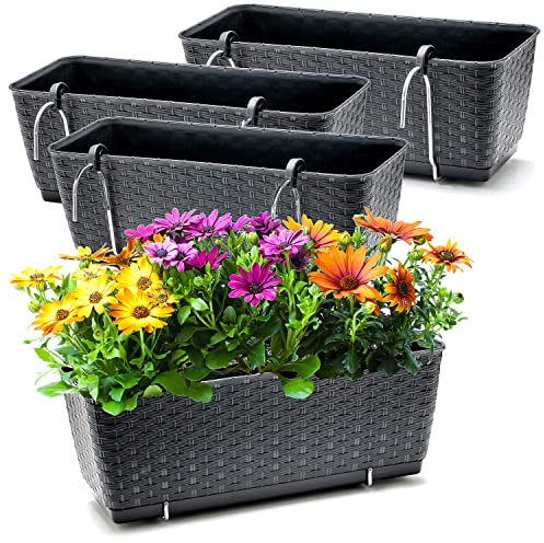BigDean 4 Balkonkästen mit Metall Halterung 39 cm lang & Bewässerungssystem | Blumenkästen für Balkon Geländer Farbe Anthrazit in Rattan-Optik 39 x 15,5 x 14 cm