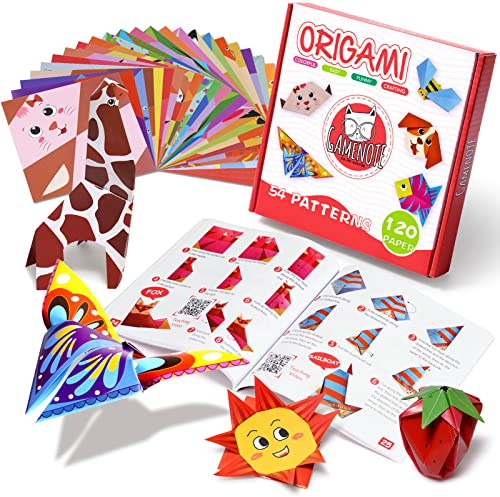 Gamenote Origami-Papier, 120 Blatt Origami-Papier, für Kinder, doppelseitig, Farbpapier, 54 schöne Motive, mit buntem Lehrbuch – Kreatives Hobby für Kinder