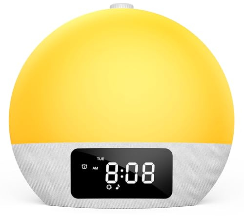 Foryond Tageslichtwecker,Geschenke Lichtwecker Wecker Digital Wake Up Light mit 25 beruhigende Klänge in 16 Helligkeit,Doppelalarm,8 Volltonfarben 9 farbige Licht, Wecker mit Projektion