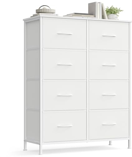 SONGMICS Kommode mit 8 Schubladen, Aufbewahrungsschrank, modern | Schrank, Stahl, für Schlafzimmer, Flur, Wohnzimmer, wolkenweiß-schneeweiß, BELLAH Kollektion LGS124WH01