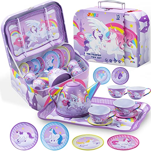 JOYIN Teeparty-Set für Kinder mit Tassen, Tellern und Tragetasche, Küchenspielzeug, lila Einhorn-Teeservice für Kleinkinder, Teeparty-Set, Küchen-Rollenspiel für Kinder ab 3 Jahren