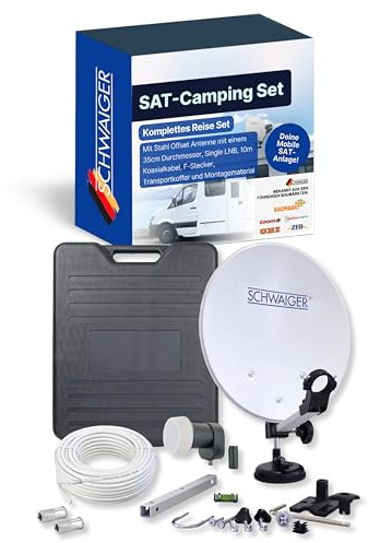 SCHWAIGER SAT-Camping Set I Satellitenanlage Komplettset I 35 cm Stahl Offset Antenne, Single LNB, 10 m Koaxialkabel, F-Stecker, Transportkoffer & Montagematerial I Mobile SAT-Anlage