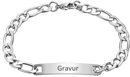 Gamtic Personalisiertes Armband Herren mit Gravur - Edelstahl Figaro Kettenarmband Verstellbar Armkette Valentinstag Geburtstags Vatertags Weihnachten Geschenk für Ihn Männer Jungs (Silber)
