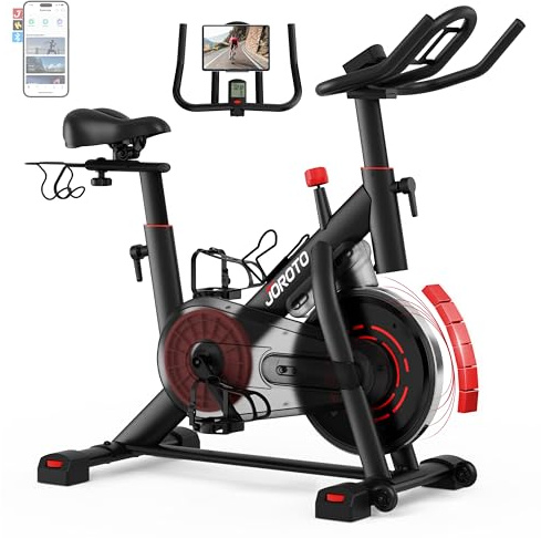 JOROTO Heimtrainer Fahrrad mit App & Bluetooth, leiser Magnetwiderstand, Indoor Cycling Bike mit bis 150kg, Hantelständer & Flaschenhalter, LCD-Display, Fitnessbike für Zuhause