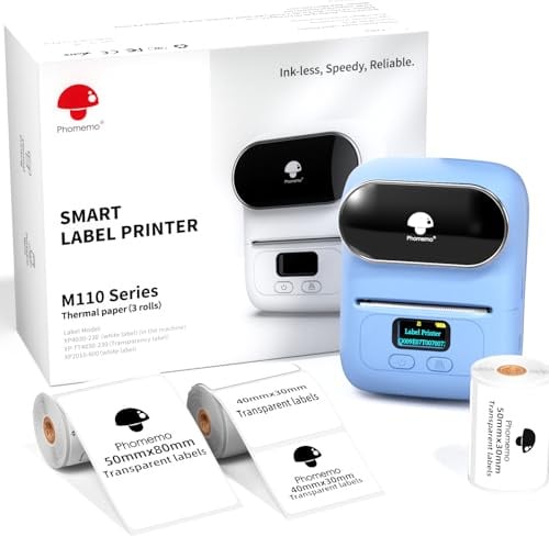 Phomemo M110 Bluetooth Etikettendrucker, Etikettiergerät Beschriftungsgerät Selbstklebend mit 3 Etikett Geschenkbox, Labeldrucker für Barcode,Geschäfte,kleine Unternehmen,für Android & iOS & PC - Blue