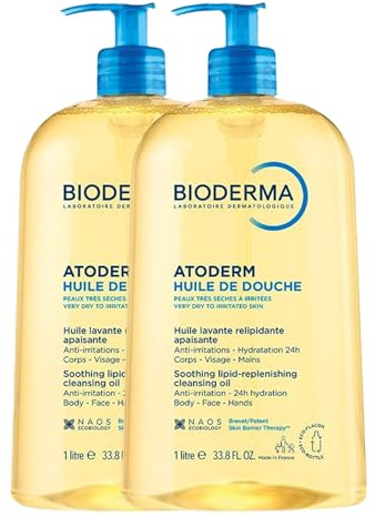 PARAVOSTRA Bioderma Atoderm Waschöl, sofortige Feuchtigkeit und Komfort, nährt intensiv, reinigt, fettend und beruhigt Irritationen, sehr gute Verträglichkeit, hergestellt in Frankreich, 2 x 1 l
