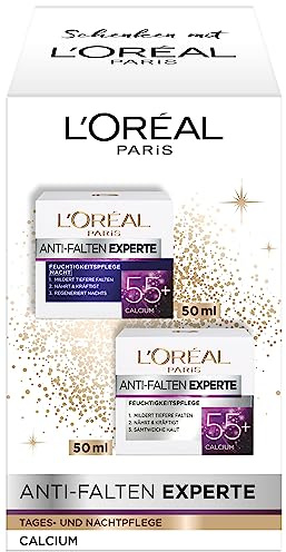 L'Oréal Paris feuchtigkeitsspendendes Pflegeset, Anti-Aging Tages- & Nachtcreme zur Minderung von Falten, Anti-Falten Experte 55+, 2 x 50 ml