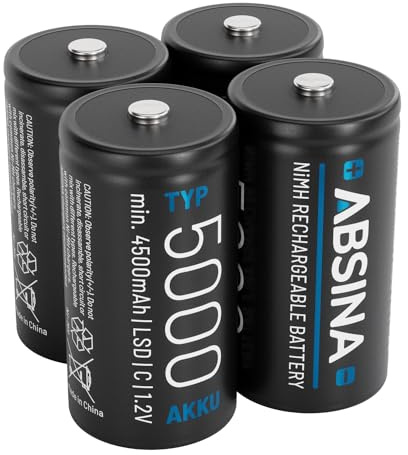 ABSINA 4X LR 14 Batterien C Baby wiederaufladbar 5000 mit geringer Selbstentladung - Akku C Batterien LR14 NiMH mit min. 4500mAh & 1,2V - LR14 Batterie C