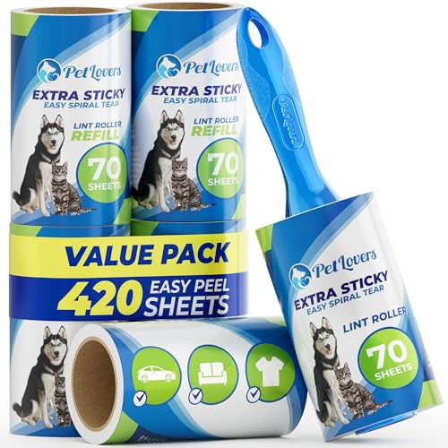 PetLovers Fusselrolle Tierhaare Extra klebrig 420 Blatt – Fusselrasierer Tierhaarentferner für Kleidung