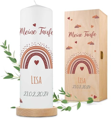 GRAVURZEILE Bedruckte Kerze - Taufkerze Regenbogen - brilliant bedruckte Kerze zur Taufe - Personalisiertes Taufgeschenk für Mädchen & Jungen - Hochwertige Stumpenkerze 250/80 mm - Farbe: Rot
