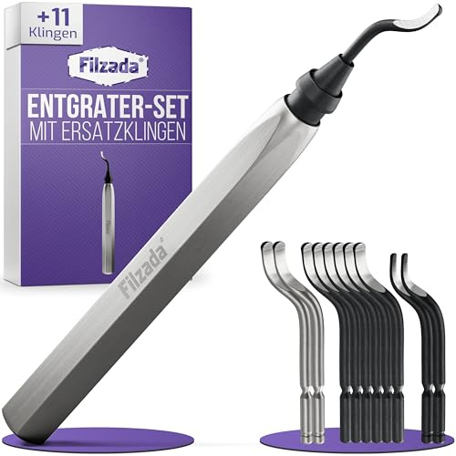 Filzada® Entgrater Metall + 11 Edelstahl Klingen - Handentgrater Metall | Deburring Tool für Metall, Kunststoff - Entgratungswerkzeug 360° Kopf - rostbeständige Wechselklingen - 3D Druck Werkzeug