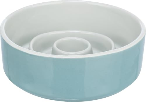 TRIXIE Slow Feeding Napf, Anti Schling Napf Für Hunde, Keramik, 0,45 L/Ø 14 cm, Grau/Blau - 24520
