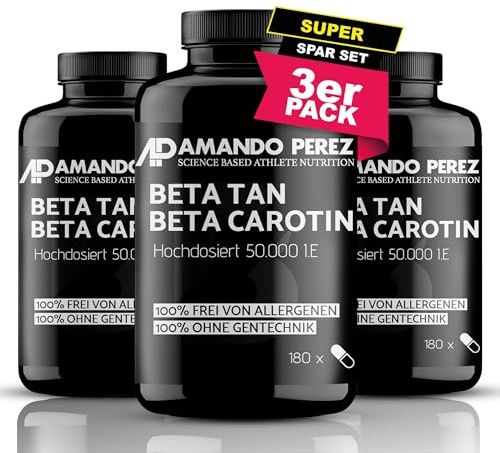Amando Perez Beta Tan+ Bräunungskapseln Hochdosiert 50.000 I.E. – 540 Softgels – Natürliches Beta Carotin aus Dunaliella salina – Provitamin A – Vegan – Vorrat für lange Zeit – 3er Bundle