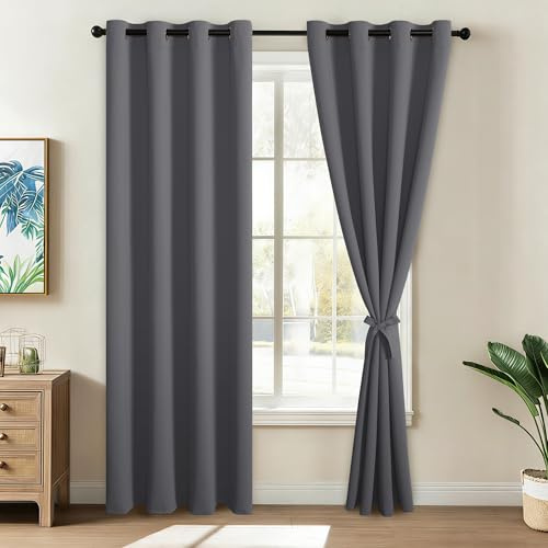 JIUZHEN Verdunklungsvorhänge mit Ösen Grau Vorhänge Blickdicht H175xB140cm | 2er Set Kurz Gardinen Schlafzimmer mit Raffhalter Thermovorhänge Hitzeschutz Verdunklungsgardine Wohnzimmer Blackout Curtains
