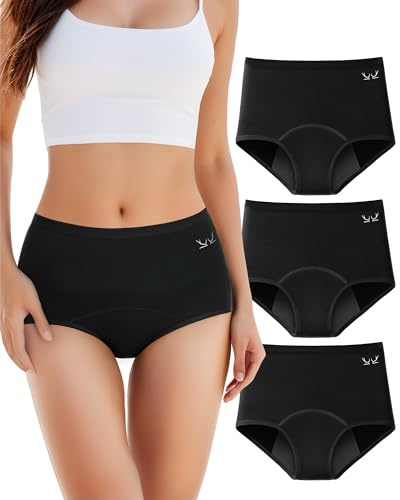 Periodenunterschwäsche Starke Blutung 60ML Perioden Unterwäsche Frauen Mädchen Unterhosen Damen Baumwolle Menstruationsunterwäsche Menstruation Slip Damenunterwäsche, Auslaufsicher，Schwarz 3er Pack M