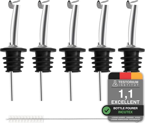 Incutex 5 Stück Flaschenausgiesser mit Deckel und Reinigungsbürste | Ausgießer aus Edelstahl mit Klappdeckel für Flaschen, Öl, Spirituosen, Wein, Likör, Essig, Sirup