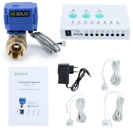 U.S. Solid Wasseraustritt-Detektor – Wasseralarm-Leck-Detektionssystem mit Messing motorisiertem Kugelhahn, 1 Zoll-Automatik-Abschalteinrichtung, Steuerung, 3 Sensoren und akustischem Alarm