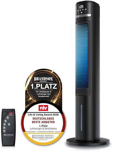 Brandson – mobiler Luftkühler mit Wasserkühlung im ECO Design - DC Motor sehr leise - 60% Energieeinsparung - Sieger Ventilatoren und Luftkühler 2026 - Turmventilator – Oszillation – Ion Funktion