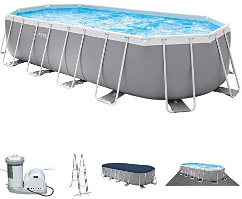 INTEX Prism Frame Pool oval Aufstellpool Komplettset (6,1 x 3,05 x 122cm) inkl. 12V Filterpumpe, Leiter, Abdeckplane & Bodenplane, Familienpool Swimmingpool Volumen ca 18.202 l, blau (26798GN)