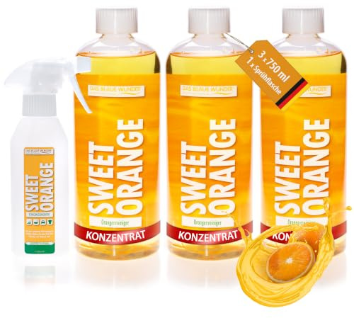 Das blaue Wunder Orangenreiniger Sweet Orange Konzentrat 3 x 750 ml | Universalreiniger | Fettlöser | Fleckenentferner | als Bodenreiniger, Badreiniger, Küchenreiniger | inkl. Sprühflasche