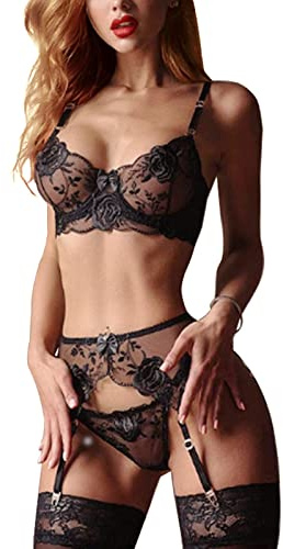 Kimlyf Strapsen Dessous Sexy Set für Damen Dessous Sexy Unterwäsche Reizwäsche mit BH und Slip 3-teilige Große-Rose S