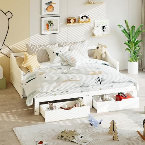 Tagesbett Ausziehbar 90/180x200 cm, Ausziehbett Gleiche Höhe mit 2 Schubladen, Gästebett mit Ausziehfunktion, Schlafsofa mit Lattenrost, Daybed Einzel und Doppelbett, Massivholzrahmen (Weiß-WXL01)