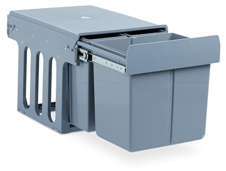 Relaxdays Einbaumülleimer Küche, Auszug, Müllsystem Unterschrank, 15 & 2x 8 l, Kunststoff, HBT 35,1 x 34,3 x 48 cm, grau