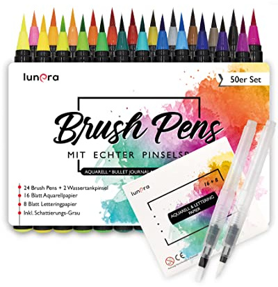 lunera Brush Pen Set Pinselstifte I 50er Set I 24 Aquarellfarben, 8 Lettering + 16 Aquarellpapier, 2 Wassertankpinsel I Echte Pinselspitze für Aquarell und Kalligraphie