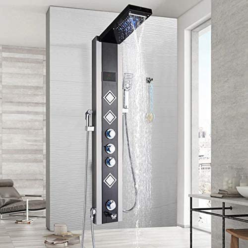 LED Duschpaneel mit 6 Funktionen aus rostfreiem Edelstahl mit Temperaturanzeige und 3 quadratischen Massagedüsen Farbe: Schwarz-Chrom