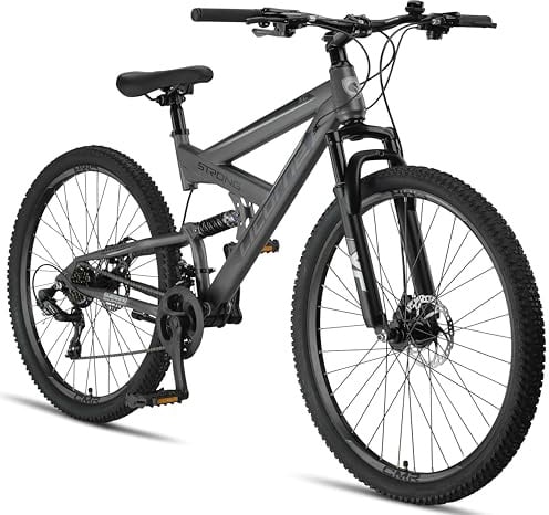 Licorne Bike Strong 2D Premium Mountainbike in 26, 27.5 und 29 Zoll Fahrrad für Jungen Mädchen Damen und Herren Scheibenbremse vorne und hinten 21 Gang Schaltung Vollfederung (29 Zoll, Anthrazit)