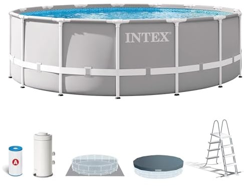 Intex 26726NP – Aufstellpool Prism Frame Rund, Filterpumpe 3785 L/h, Leiter, Bodenplane und Abdeckplane, 16805 L, Stahl und PVC, Grau, 457x122 cm