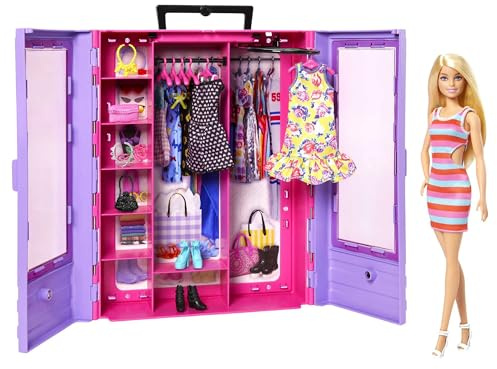 Barbie Fashionistas ultimativer Kleiderschrank, tragbares Modespielzeug mit Puppe, Kleidung, Accessoires und Kleiderbügeln, Geschenk für Kinder ab 3 Jahren, HJL66
