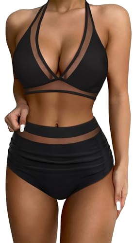 RXRXCOCO Damen Mesh Neckholder Rückenfrei Bauchweg High Waist Bikini Set Push Up Sexy V Ausschnitt Zweiteiliger Badeanzüge Bademode