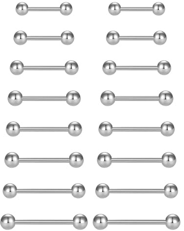 ZAMXHUG Barbells - 16 pcs Brustwarzenpiercing Zungenpiercing 14G Chirurgenstahl Straight Barbells Zungenring Nippel Shield Ring Piercing Schmuck Stab,8 Größen,Geeignet für Männer und Frauen