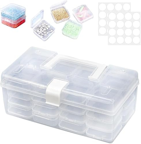 KYYGKY 32 Fächer Diamond Painting Aufbewahrungsbox Kunststoff Diamond Painting Zubehör Box mit Stickers Perlen Aufbewahrungsbox Diamant Stickerei Box Malerei Zubehör für DIY Basteln Schmuck Strass
