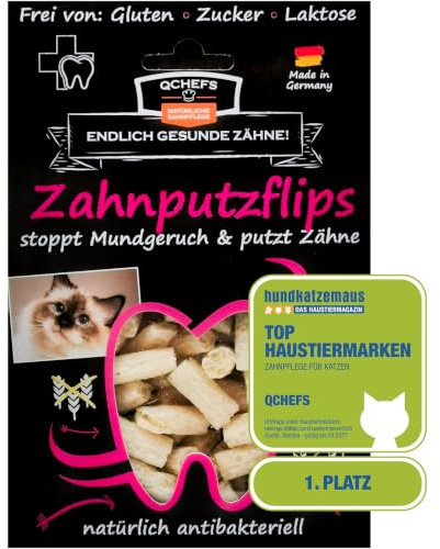 QCHEFS Zahnputzflips Katze Katzen Zahnpflege Mundgeruch Zahnreinigung | Knusprige Dental Leckerlis gegen Zahnstein, Zahnbelag und Mundgeruch: ohne Katzenzahnbürste, Zahnbürste, Zahnpasta
