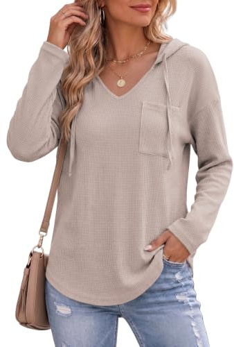 Cuptacc Pullover Damen Hoodie Mit Kordelzug V-Ausschnitt Kapuzenpullover | Sweatshirt,Top,Hoody,Kapuze,Kordelzug,Locker,Herbst,Waffelstrick,Langarm,Lässige,Casual,Sport,Fitness,Winter