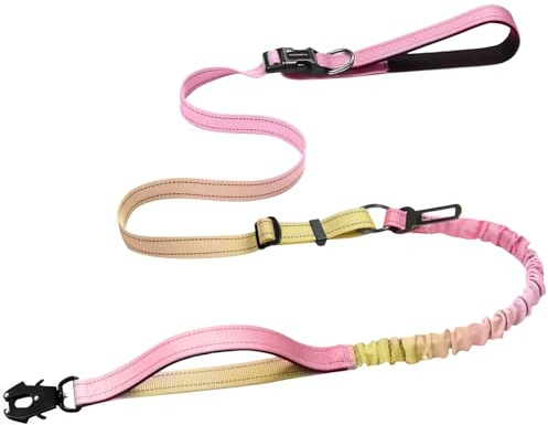 Strapazierfähige freihändige Hundeleine mit Schnellverschluss-Karabiner und verstellbarer Anti-Zug-Bungee-Hundelaufgürtel für Spaziergänge und Training mit Autosicherheitsgurt 1,2-1,8 m (Rosagelb)