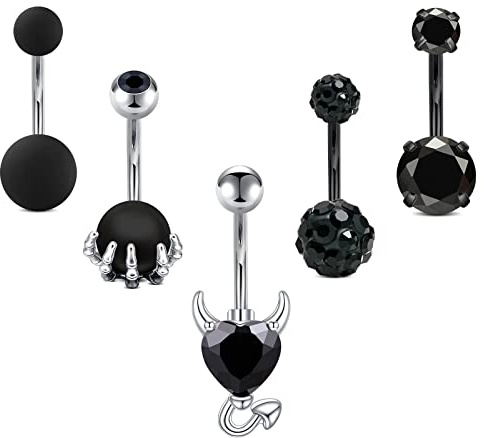 JFORYOU Bauchnabelpiercing Schwarz Set 5 Stück, 316L Chirurgenstahl Piercing Bauchnabel Stecker 14G 10mm, Hypoallergen Goth Nabelpiercing Schmuck Zirkonia Teufel Herz & Kralle Belly Piercing für Damen