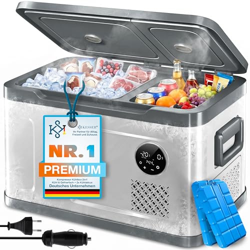 KESSER® Kompressor Kühlbox 2in1 Doppelzone Kühl & Gefrierfach elektrische Gefrierbox mit 2x Kühlakkus & LED-Touch-Bedienung | Kühlschrank Kühlung bis -20 °C für Camping, Auto, Lkw 12/24V 230V