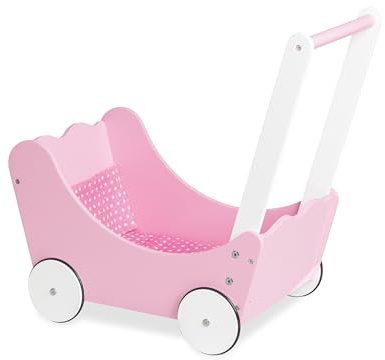 PINOLINO Puppenwagen Jasmin Komplettset, 4-tlg., Rosa & Weiß, Inkl. Bettzeug, Gummierte Räder, MDF, Für Kinder ab 3, Ideal als Geschenk
