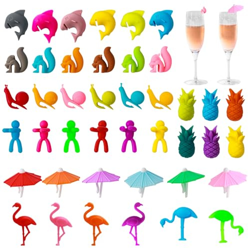 42Pcs Glasmarker, Silikon Glas Markierung, Wein Marker Trinkgläser, Glasmarkierer Glasmarker Wiederverwendbar Glasmarkierung Bunt Glas Marker für Party Hochzeit Bar Tassen, Trinkglas, Party Supplies