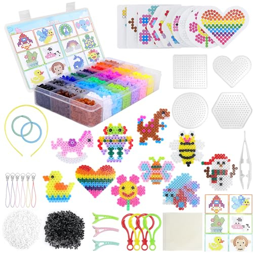 Zoyomax Bügelperlen Set 5mm, 24 Farben Steckperlen mit 4 Bügelperlen Platten, 6300 Bügelperlen Bastelset, Steckperlen Set für Geburtstag Weihnachten Geschenk DIY