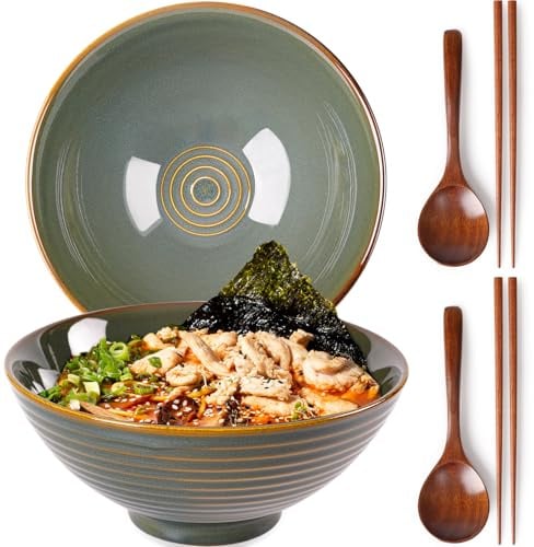 NUTRIUPS 2 x 1200ml Ramenschüssel aus Keramik mit Essstäbchen und Löffeln, 20cm Bowl Schüssel Suppenschüssel Groß，Tiefes Meergrün