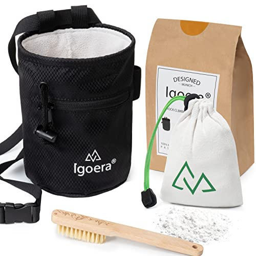 Boulder-Zubehör Set mit Chalkbag in schwarz, Bürste und Chalkball – Magnesiabeutel mit Fleece-Innenfutter, Boulder-Bürste mit Wildschweinborsten und Baumwoll-Chalkball