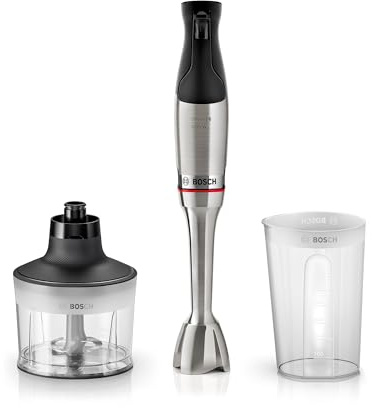 Bosch Stabmixer ErgoMaster Serie 6, Zerkleinerer, einhändig bedienbar, 4 Edelstahl-Klingen verschleißfreie Keramik-Kupplung, Luftkühlung, langlebig, Mixbecher, leistungsstark, 1200 W, MSM6M830