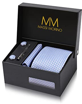 Krawatte Hellblau mit Einstecktuch Set Herren inkl. Manschettenknöpfe, Krawattennadel und Geschenkbox - Männer Krawattenset